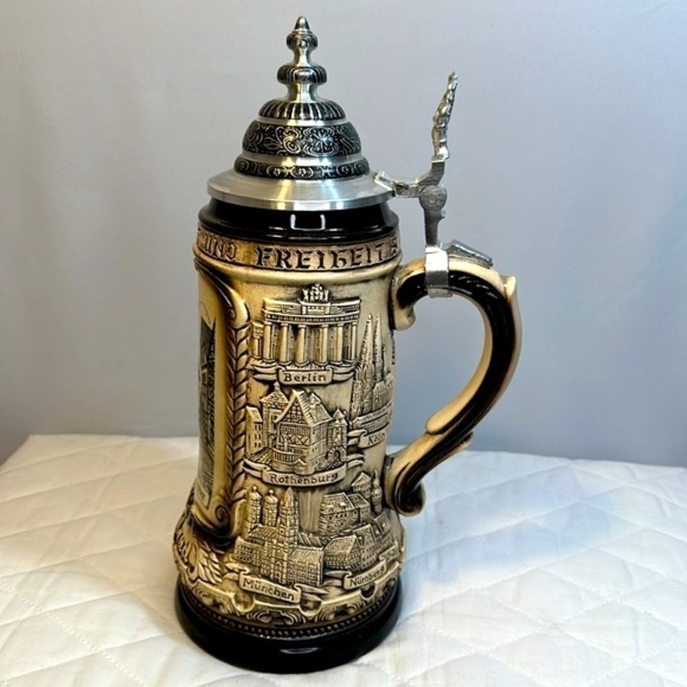 Rothenburg German Beer Stein Rustic Natural With Silver Tone Pewter Cup Vintage - Picture 14 of 15